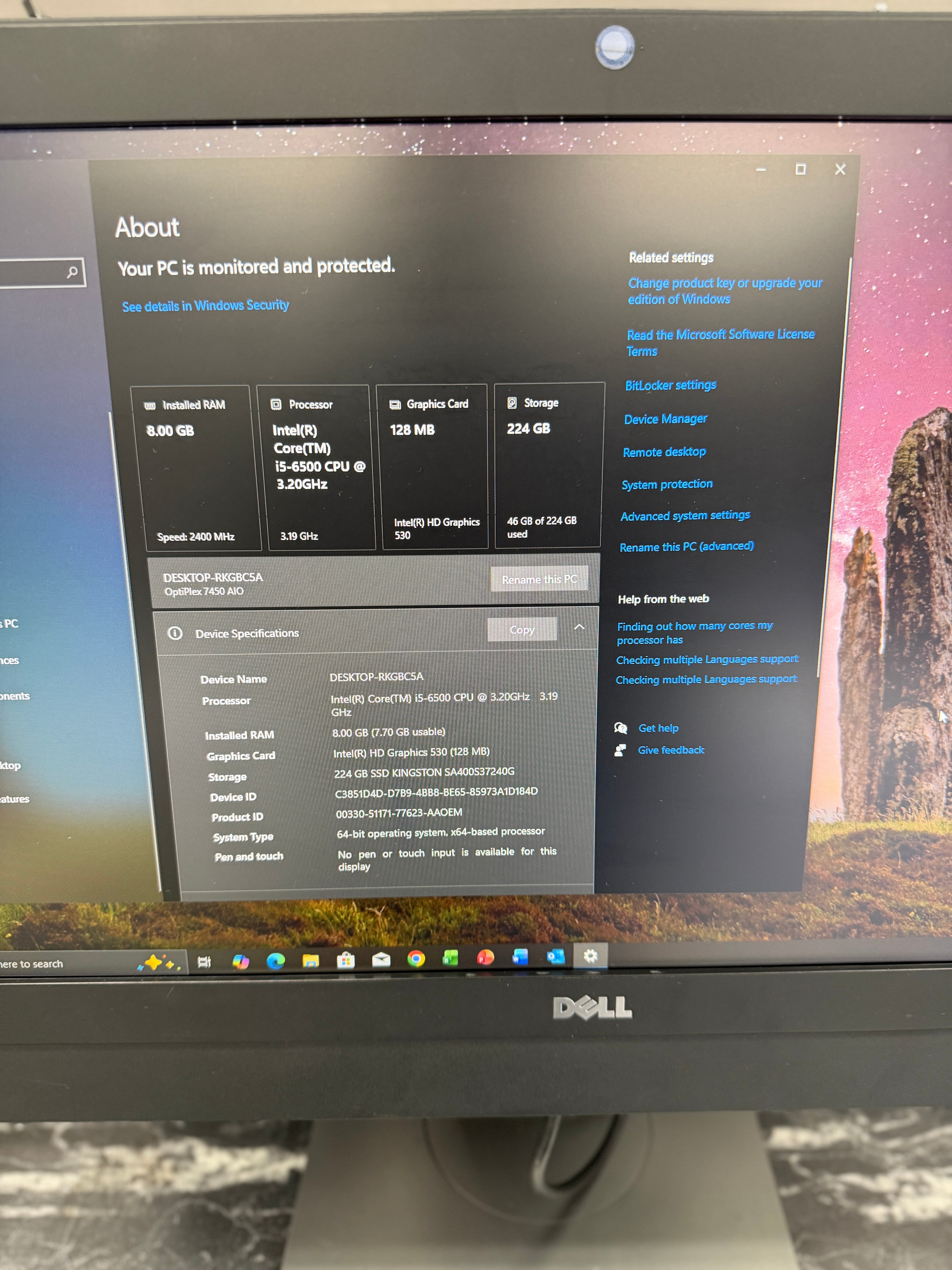 Refurbished Dell OptiPlex 7450 AIO 23.8" All-in-One Desktop | Core i5-6500 | 8GB RAM | 224GB SSD | Windows 11
