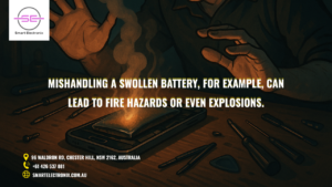 Mishandling a swollen battery, for example, can lead to fire hazards or even explosions.